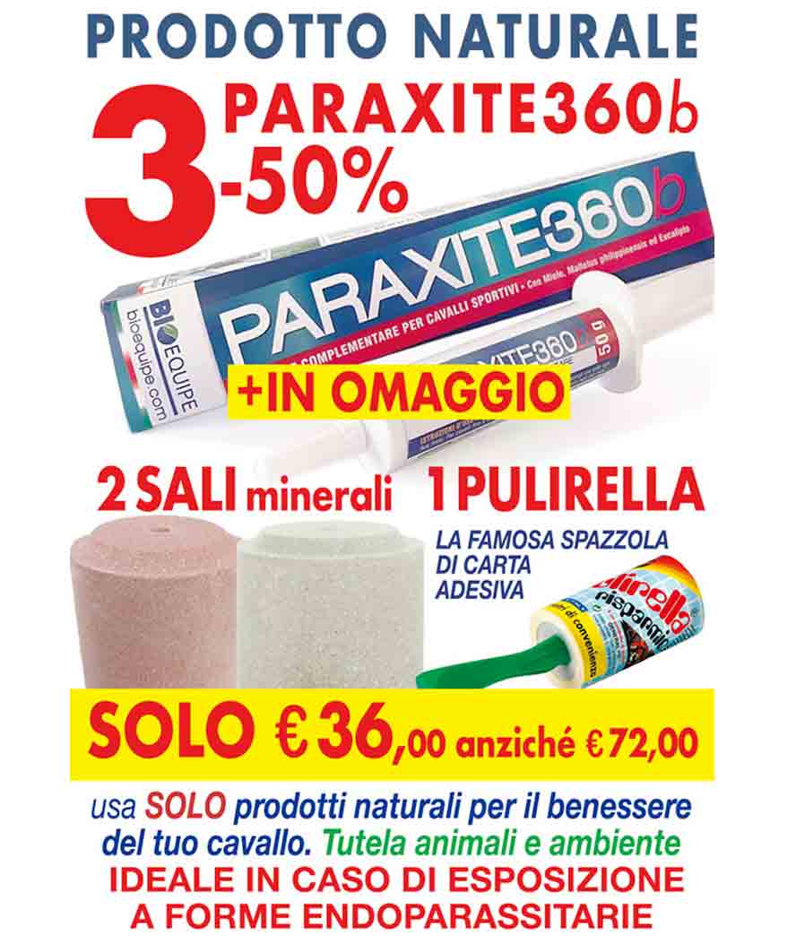 OFFERTA 3 PARAXITE360b mangime complementare per cavalli sconto 50% + 2 Sali minerali + spazzola Pulirella in regalo