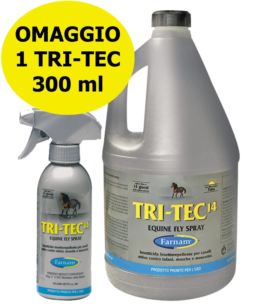 PROMOZIONE Offerta speciale insettorepellente per cavalli TRI-TEC tanica 3,8 litri con 1 TRI TEC 300 ml OMAGGIO