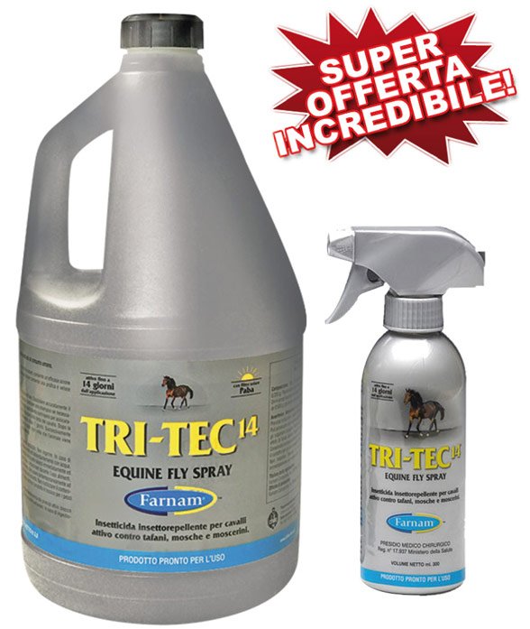 TRI-TEC 14 insettorepellente per cavalli contro tafani mosche e insetti volanti 3,8 litri in tanica + flacone 300 ml