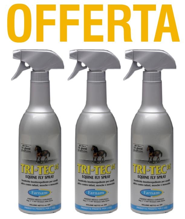 PROMOZIONE Offerta 3 pezzi Tri-Tec 600 ml insettorepellente per cavalli contro tafani mosche e insetti volanti con filtro solare
