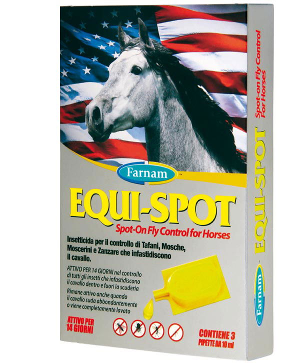 EQUI-SPOT FARNAM insetticida spot-on 3 Pipette 10 ml cad. per il controllo di tafani, mosche, zanzare e zecche che infastidiscono i cavalli - foto 1
