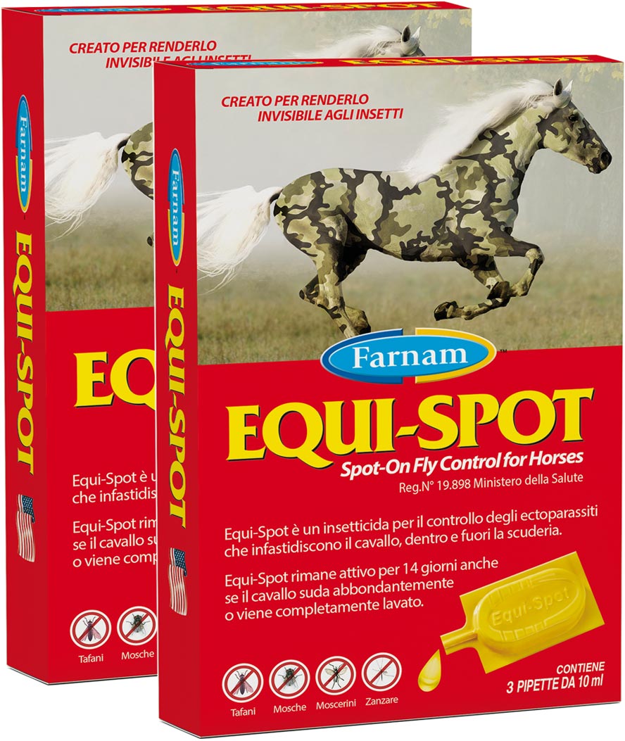 OFFERTA SPECIALE 2 CONFEZIONI DI EQUI-SPOT insetticida spot-on per il controllo di tafani, mosche, zanzare e zecche. EQUISPOT 3 Pipette 10 ml cad. X 2