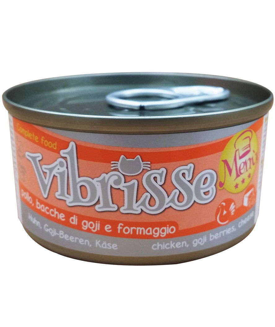 Vibrisse Cat Menu pollo con bacche di Goji e formaggio 24 lattine da 70 g cad.