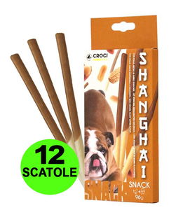 Snack bastoncino Shanghai gusto pollo e Burro d’arachidi per cani 12 confezioni da 96 g cad.