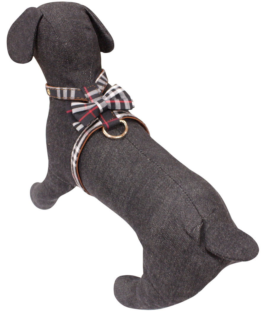 Pettorina fantasia tartan con fibbie in metallo e papion rimovibile modello Tartan Black per cani