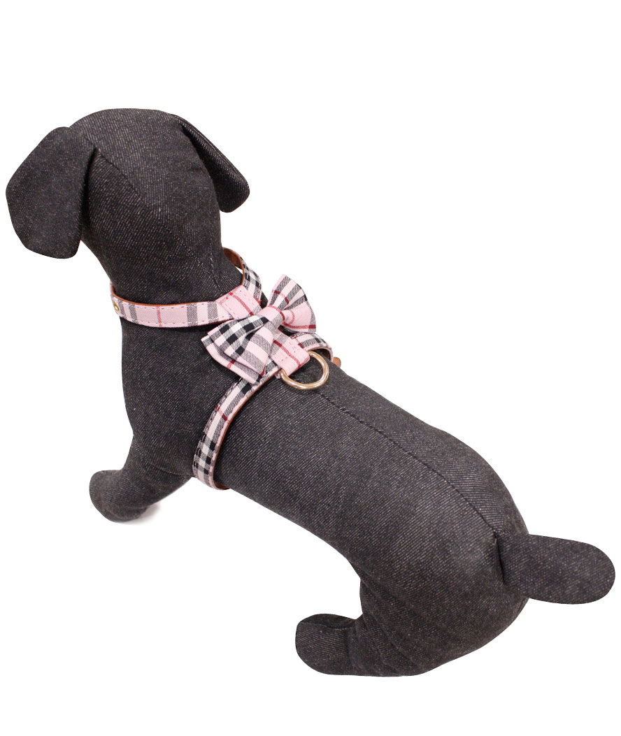 PROMOZIONE Pettorina con fibbie in metallo dorato e papion rimovibile modello Tartan Pink per cani TAGLIA M