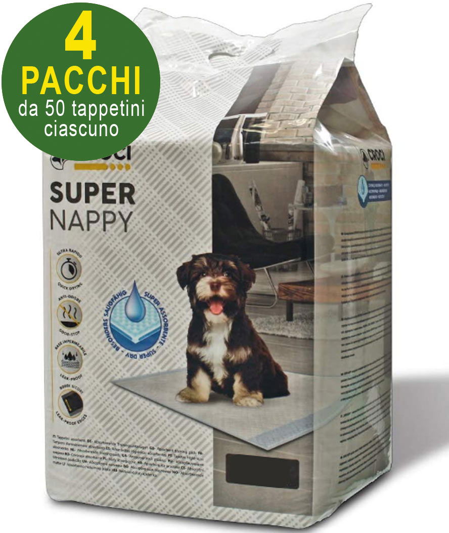 200 Tappetini igienici per cani Super Nappy 60X90 cm - 4 pacchi da 50 pezzi cad.