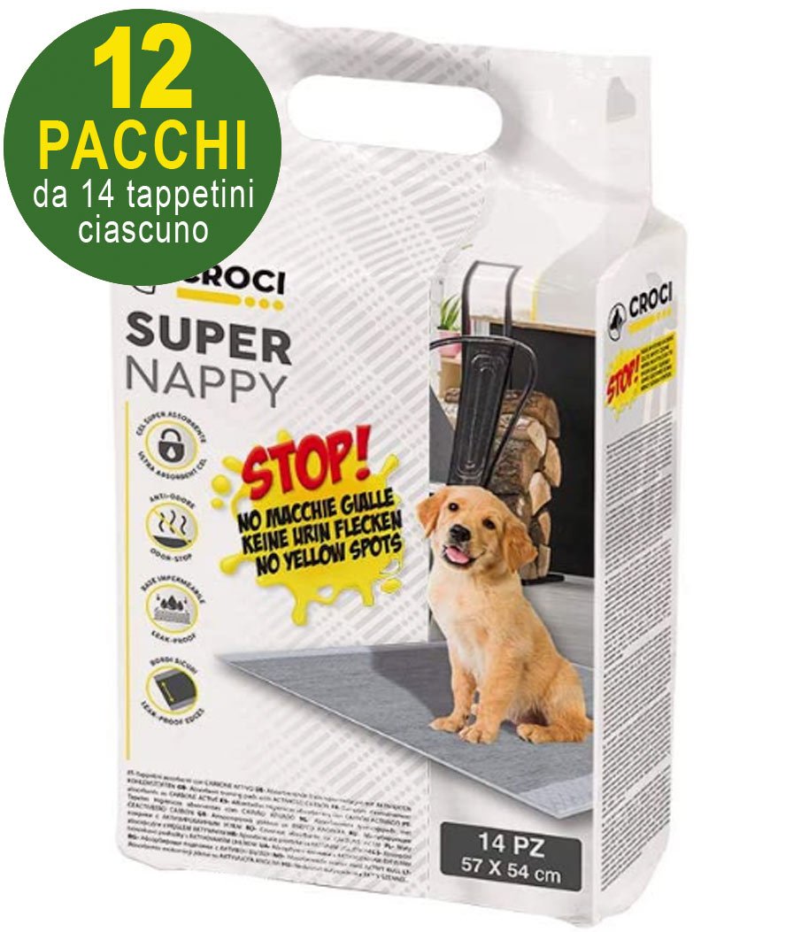 168 Tappetini igienici per cani SuperNappy Carbone Attivo 57x54 cm - 12 pacchi da 14 pezzi cad.