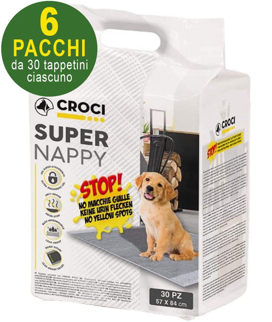 180 Tappetini igienici per cani SuperNappy Carbone Attivo 84x57 cm - 6 pacchi da 30 pezzi cad.