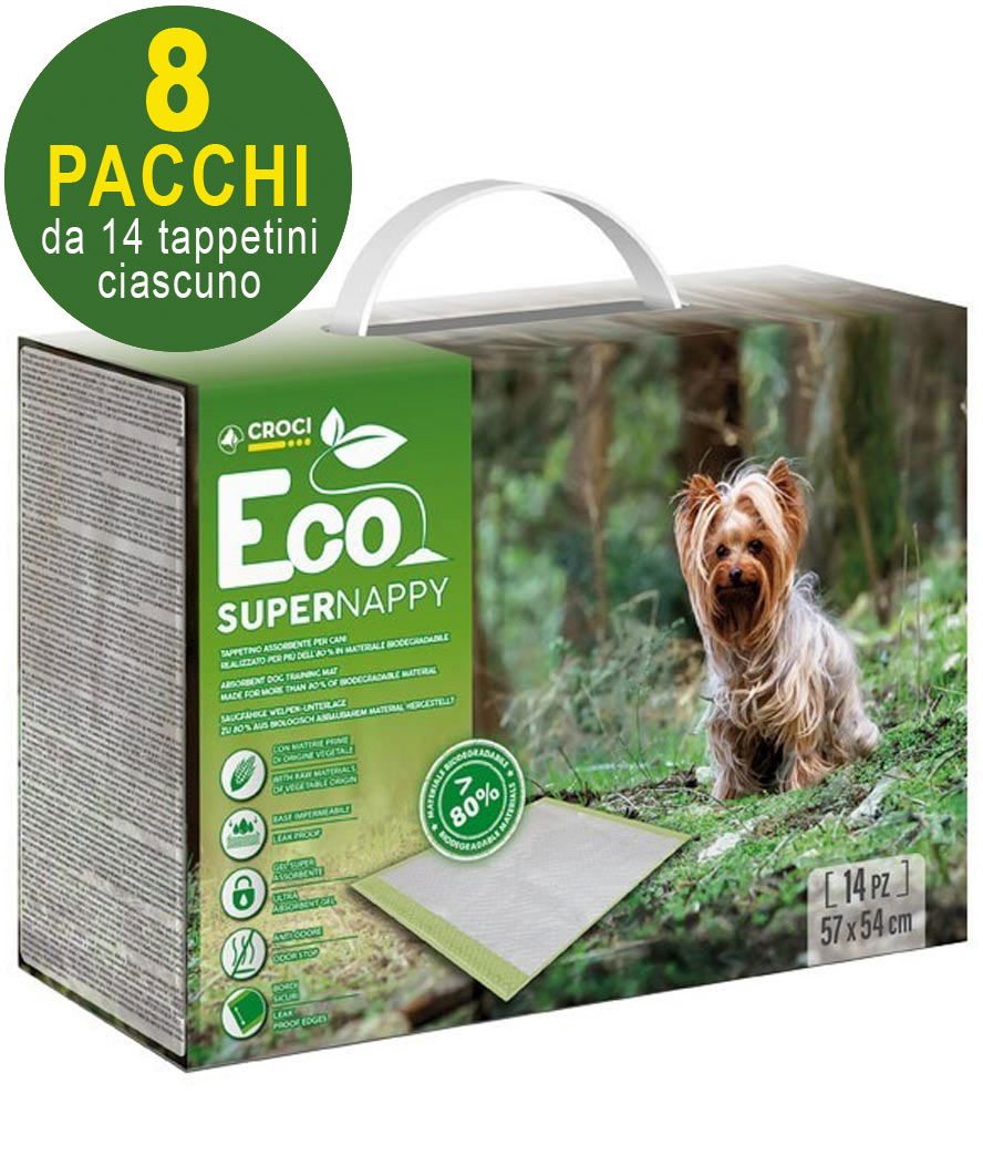 112 Tappetini igienici per cani Super Nappy Eco 57x54 cm - 8 pacchi da 14 pezzi cad.