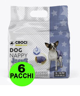 84 Pannolini igienici per cani Dog Nappy Jeans S 30-39 cm - 6 pacchi da 14 pezzi cad.