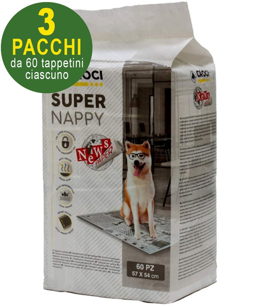 180 Tappetini igienici per cani SuperNappy Newspaper 57x54 cm - 3 pacchi da 60 pezzi cad.