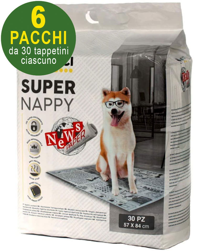 180 Tappetini igienici per cani SuperNappy Newspaper 84x57 cm - 6 pacchi da 30 pezzi cad.