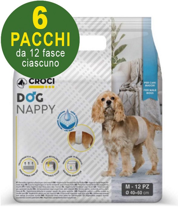 72 Pannolini igienici a fascia per cani maschi Dog Nappy - M 6 pacchi da 12 pezzi cad.