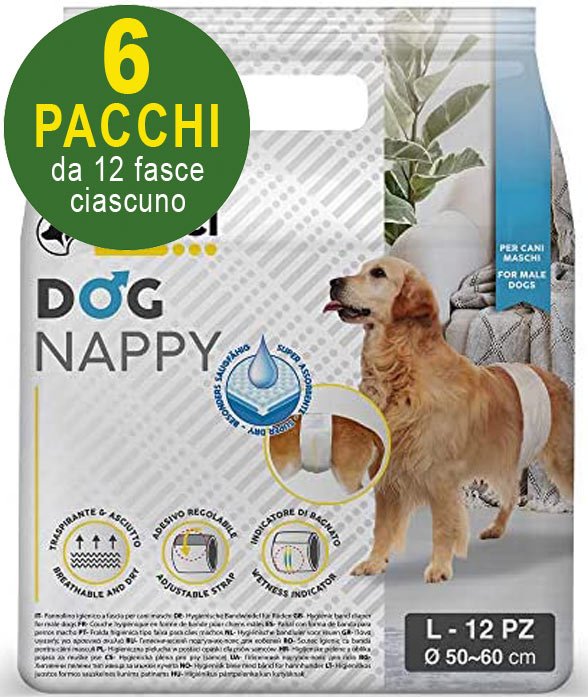 72 Pannolini igienici a fascia per cani maschi Dog Nappy - L 6 pacchi da 12 pezzi cad.