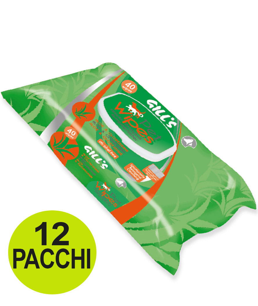 OFFERTA 12 Confezioni da 40 Salviette ciascuna umidificate Aloe e Clorexidina per cani e gatti