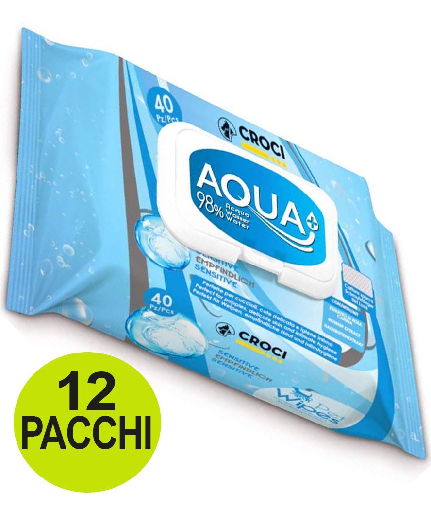 OFFERTA 12 Confezioni da 40 Salviette ciascuna umidificate sensitive Aqua+ idratazione e pulizia cani e gatti