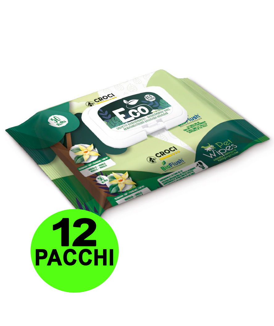 OFFERTA 12 Confezioni da 30 Salviette ciascuna umidificate Eco Vaniglia per cani e gatti