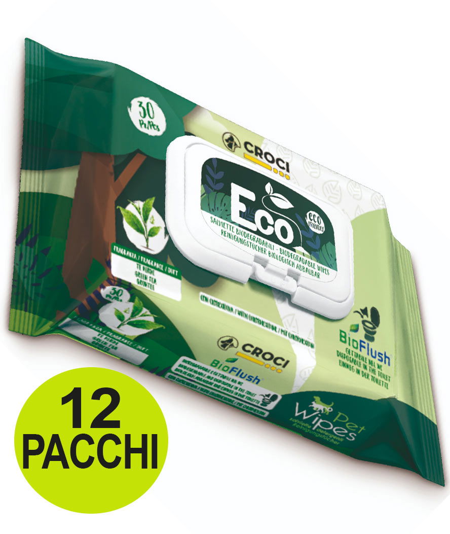 OFFERTA 12 Confezioni da 30 Salviette ciascuna umidificate Eco al Te Verde e Clorexidina per cani e gatti