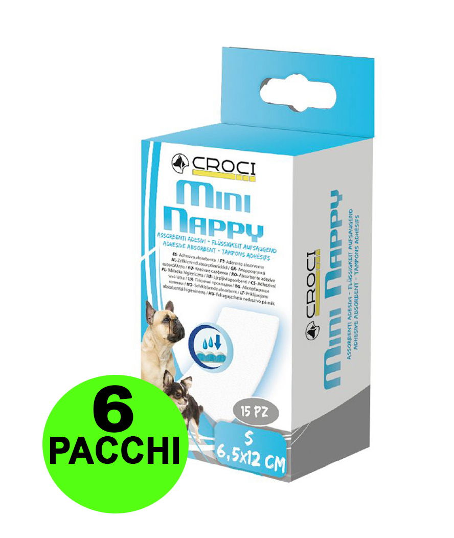 90 Assorbenti per mutandine igieniche per cani Mini Nappy XS 6x9,5 cm - 6 pacchi da 15 pezzi cad.