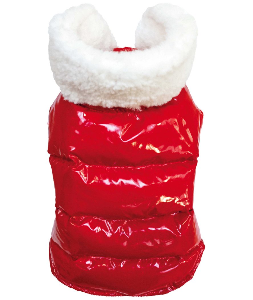 Giubbotto con collo in ecopelliccia modello Xmas Red show idea per Natale per cani