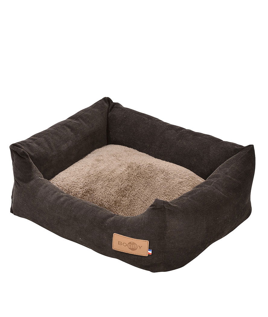 Cuccia rettangolare marrone con cuscino in pelliccia bicolore Daryl per cani e gatti