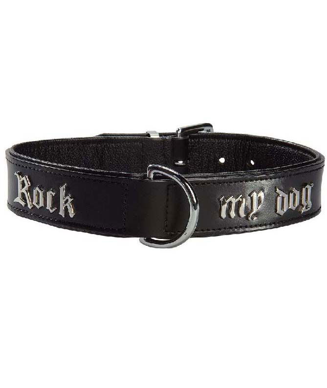 PROMOZIONE Collare in similpelle nero con fibbia con scritta Rock My Dog per cani 75 CM