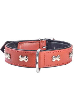 Collare in pelle rosso con lucidi ossi nichelati modello Extra Souple per cani