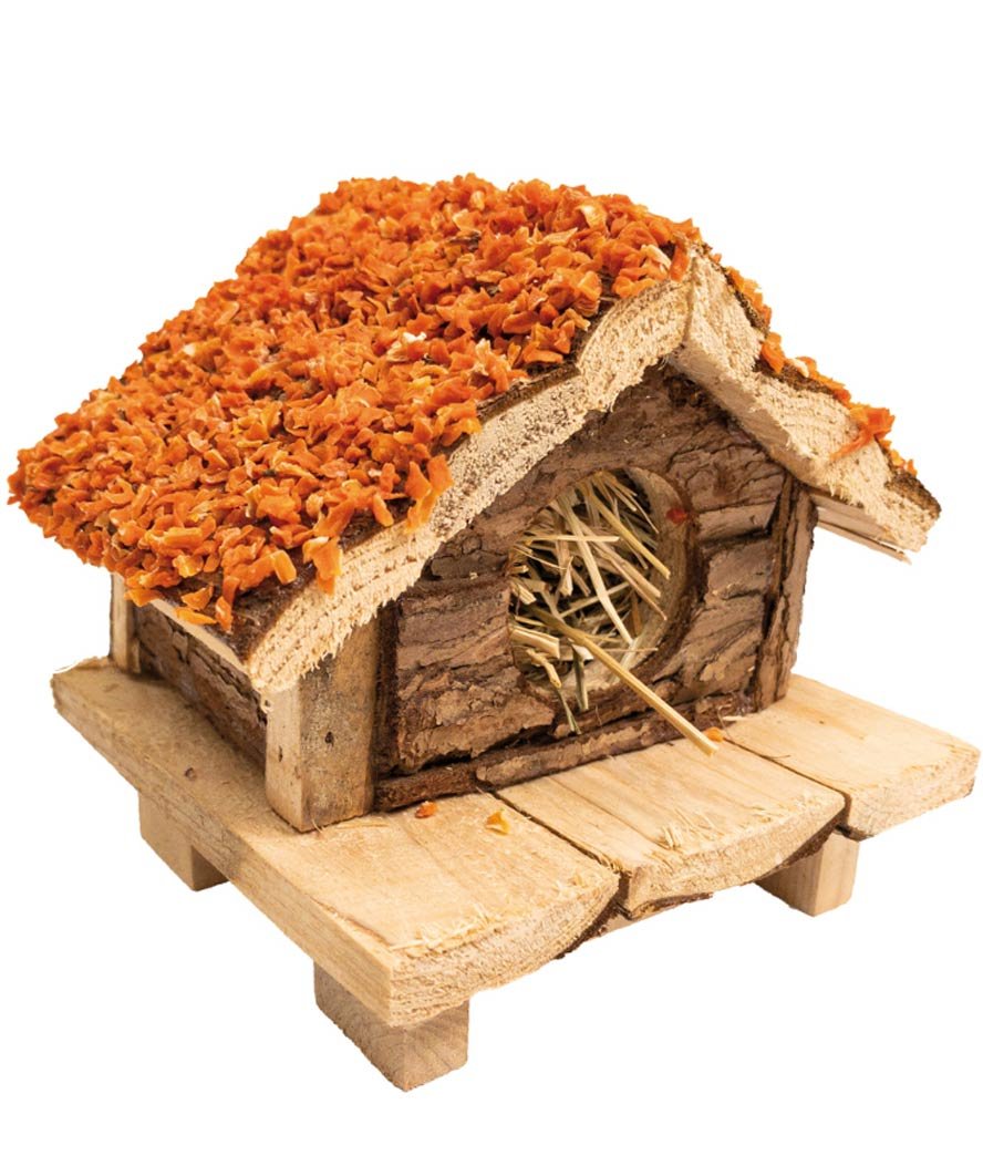 Casetta in legno Crop&Crok con snack alla carota per roditori