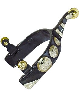 Speroni da roping in ferro brunito con bottoni e rotelle in ottone e decorazioni alpacca