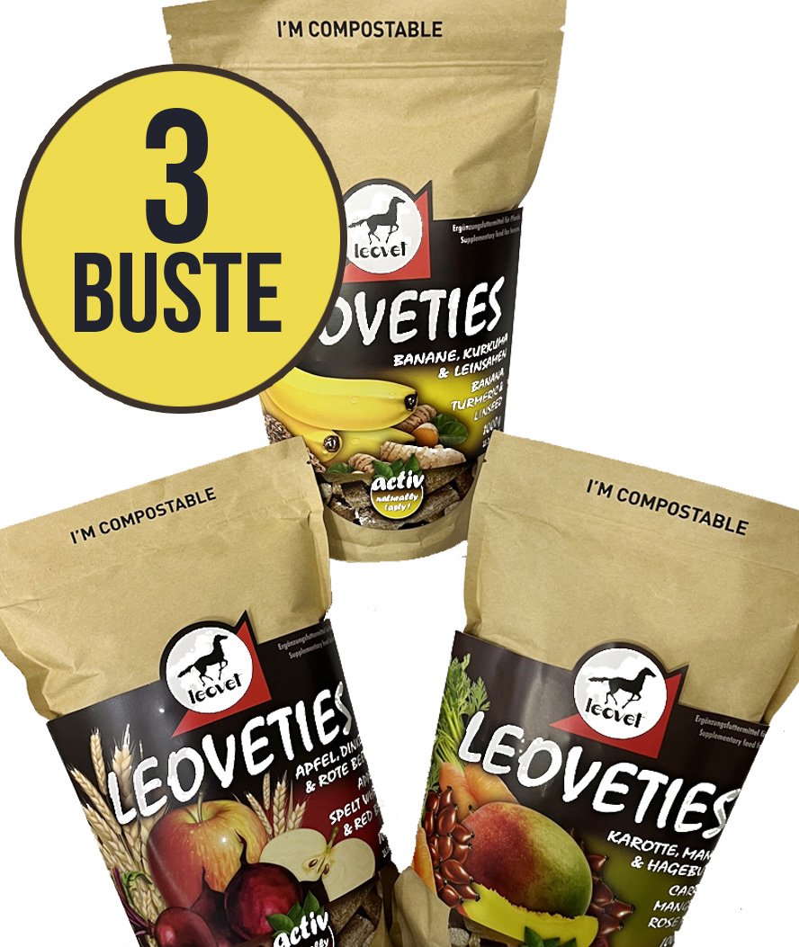 Set 3 Confezioni Biscotti Leovet per cavalli gusti mela, banana, carota 1 kg cad