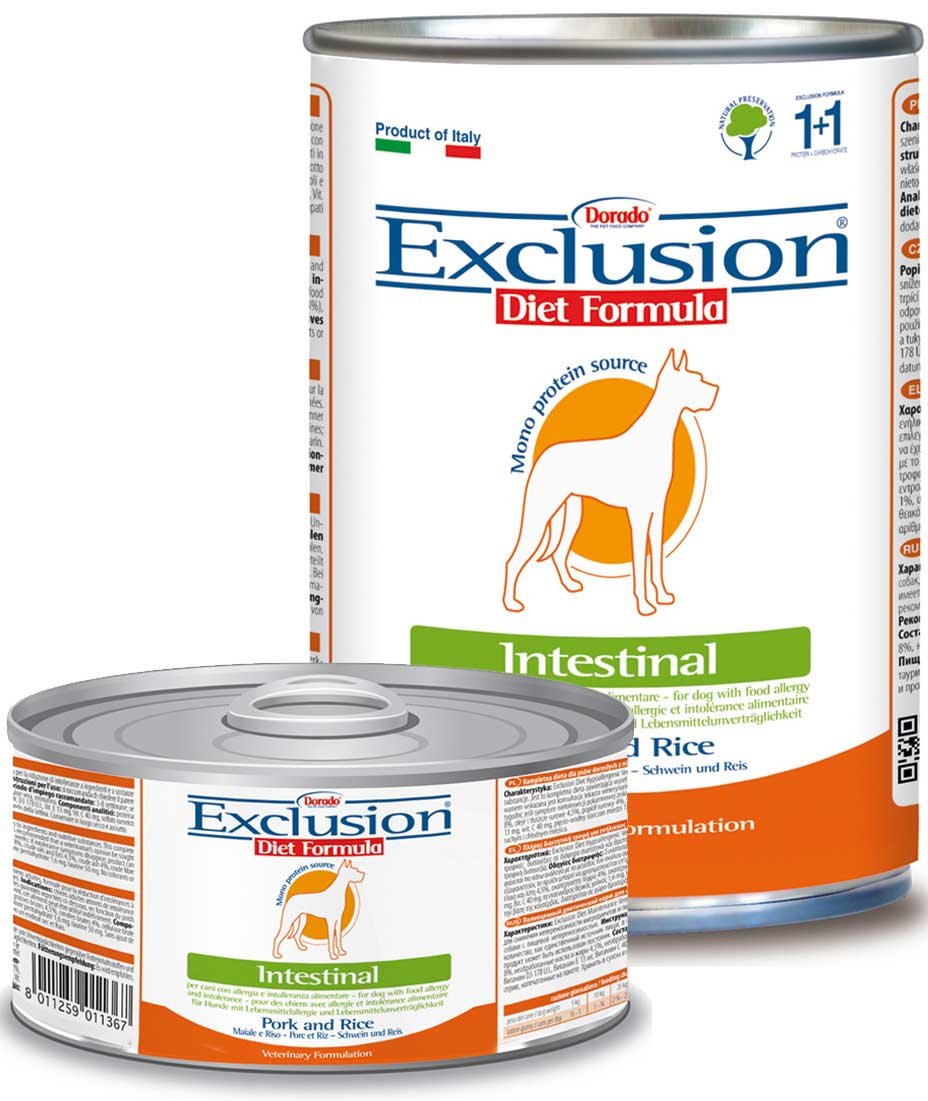 PROMOZIONE Exclusion Diet Intestinal maiale e riso per cani 24 LATTINE X 200 g CAD.