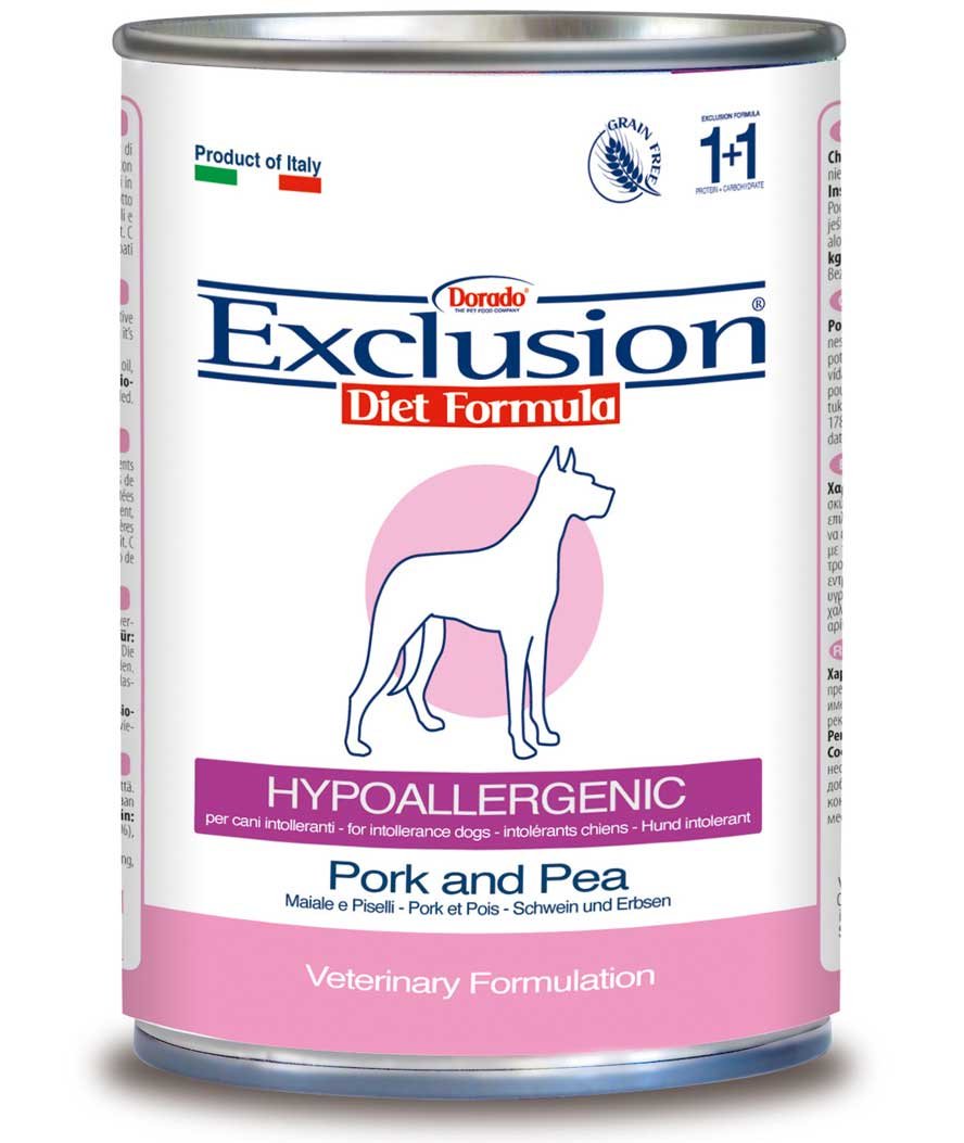 PROMOZIONE Exclusion Diet Hypoallergenic maiale e piselli per cani 24 lattine x 200 g