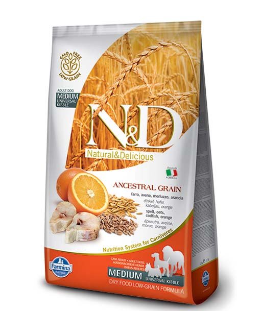 Farmina N&D Ancestral Grain Dog merluzzo e arancia adult medium 2,5 kg
