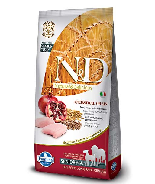 Farmina N&D Low Ancestral Grain Pollo e melograno Senior medium e maxi per cani