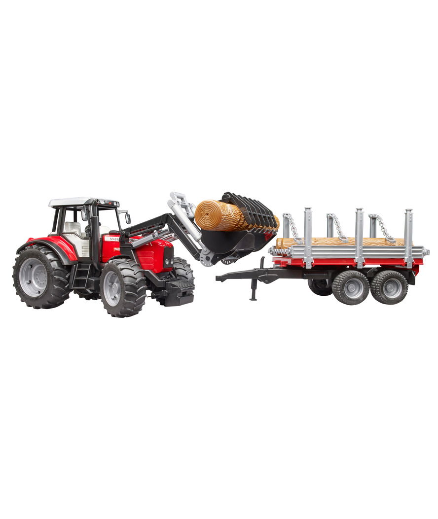 Massey Ferguson 7480 con caricatore frontale e rimorchio per legno 1:16