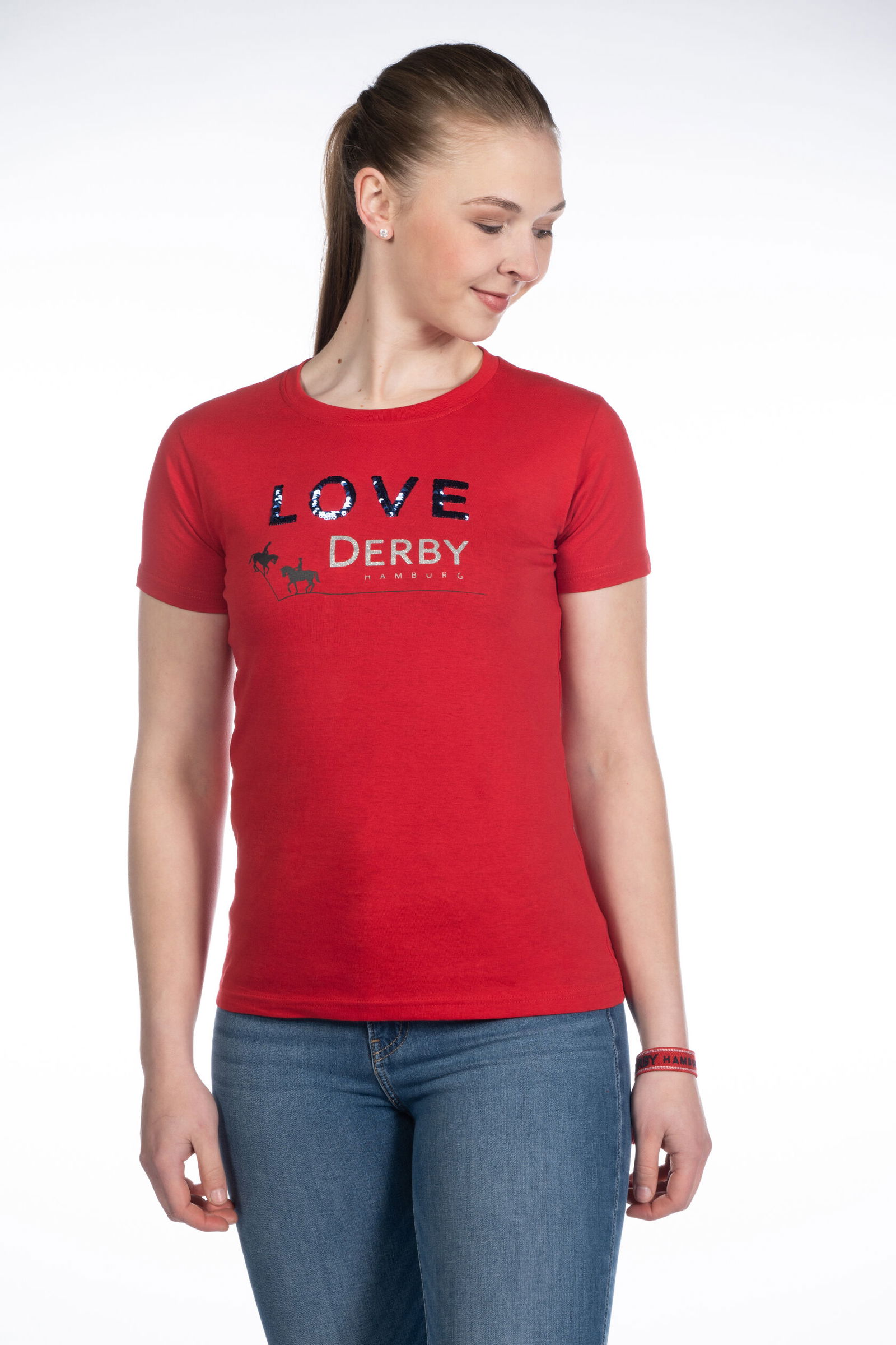 T-shirt equitazione da donna in cotone modello derby con ricamo in paillettes - foto 5