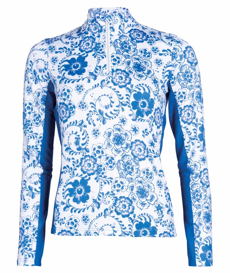 Maglia tecnica estiva da equitazione con zip frontale e maniche in rete modello Blue Flower