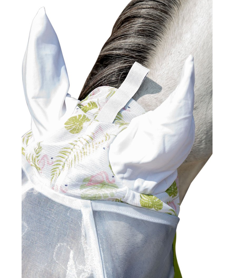 Maschera antimosche a rete antistrappo per cavalli modello Funny Essentials Flamingo con foglie e fenicotteri rosa - foto 1