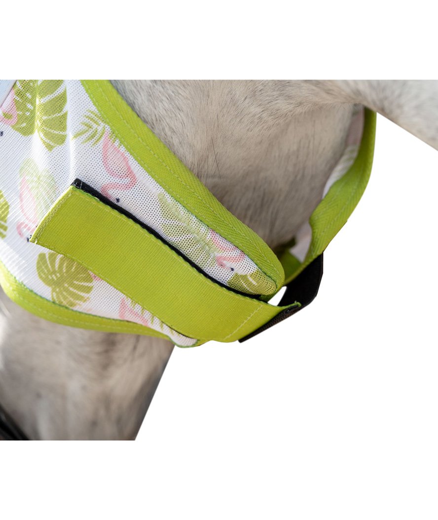 Maschera antimosche a rete antistrappo per cavalli modello Funny Essentials Flamingo con foglie e fenicotteri rosa - foto 2