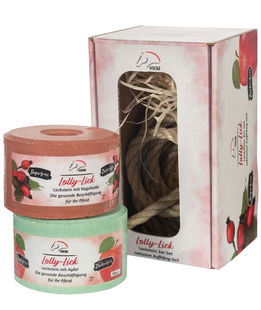 Set 2 rulli di sale da lecco al gusto mela e rosa canina con corda per appenderli
