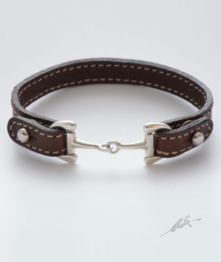 Bracciale cinturino pelle morso medio realizzato a mano in argento titolo 925