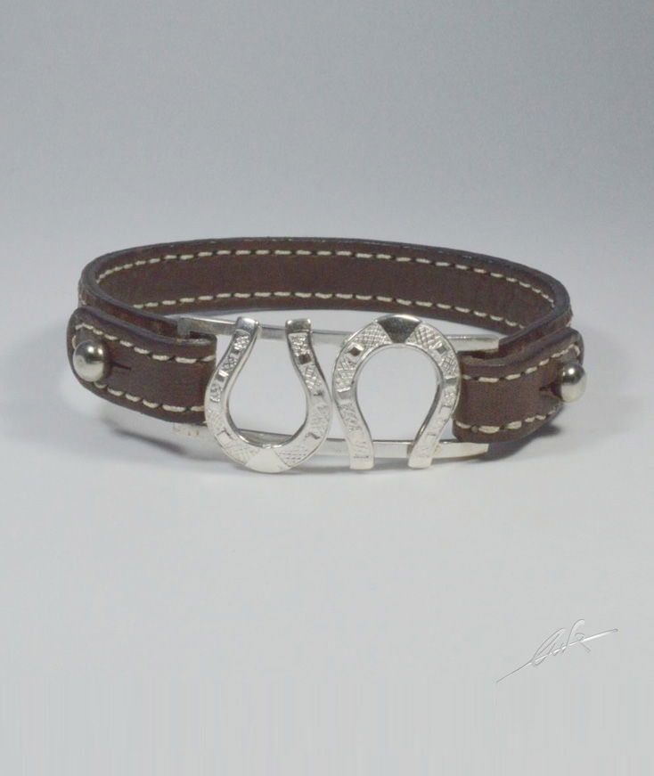 Bracciale cinturino pelle ferri realizzato a mano in argento titolo 925