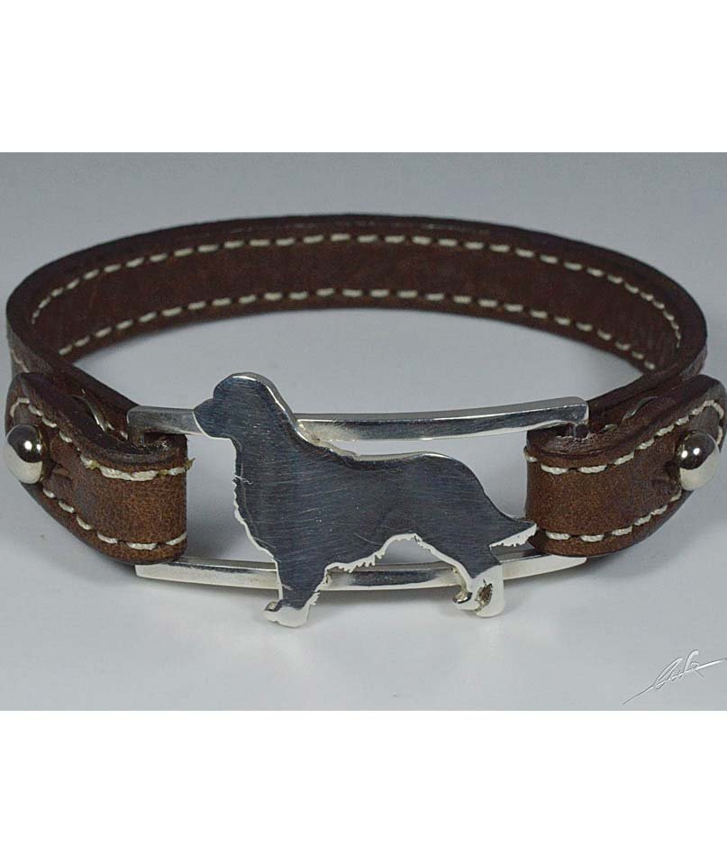 Bracciale in argento con sagoma di cane razza Golden Retriever e cinturino in vera pelle di vacchetta