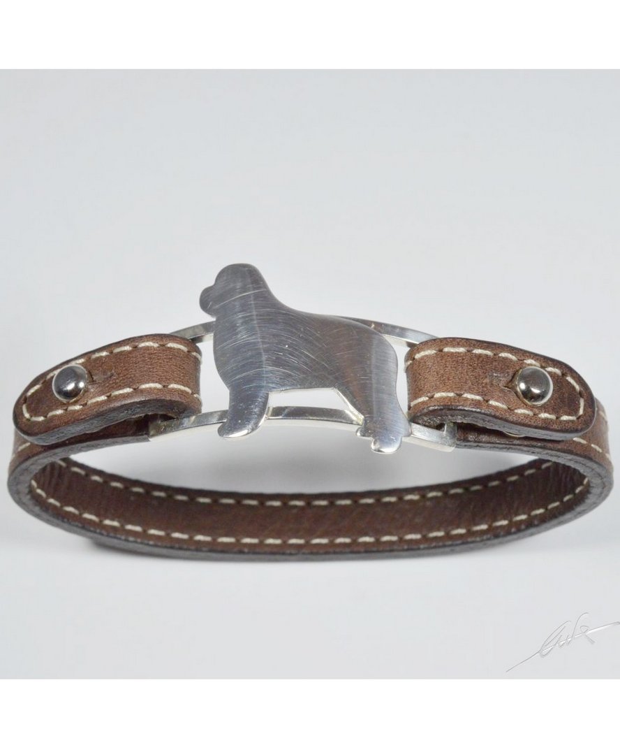 Bracciale in argento con sagoma di cane razza Terranova e cinturino in vera pelle di vacchetta