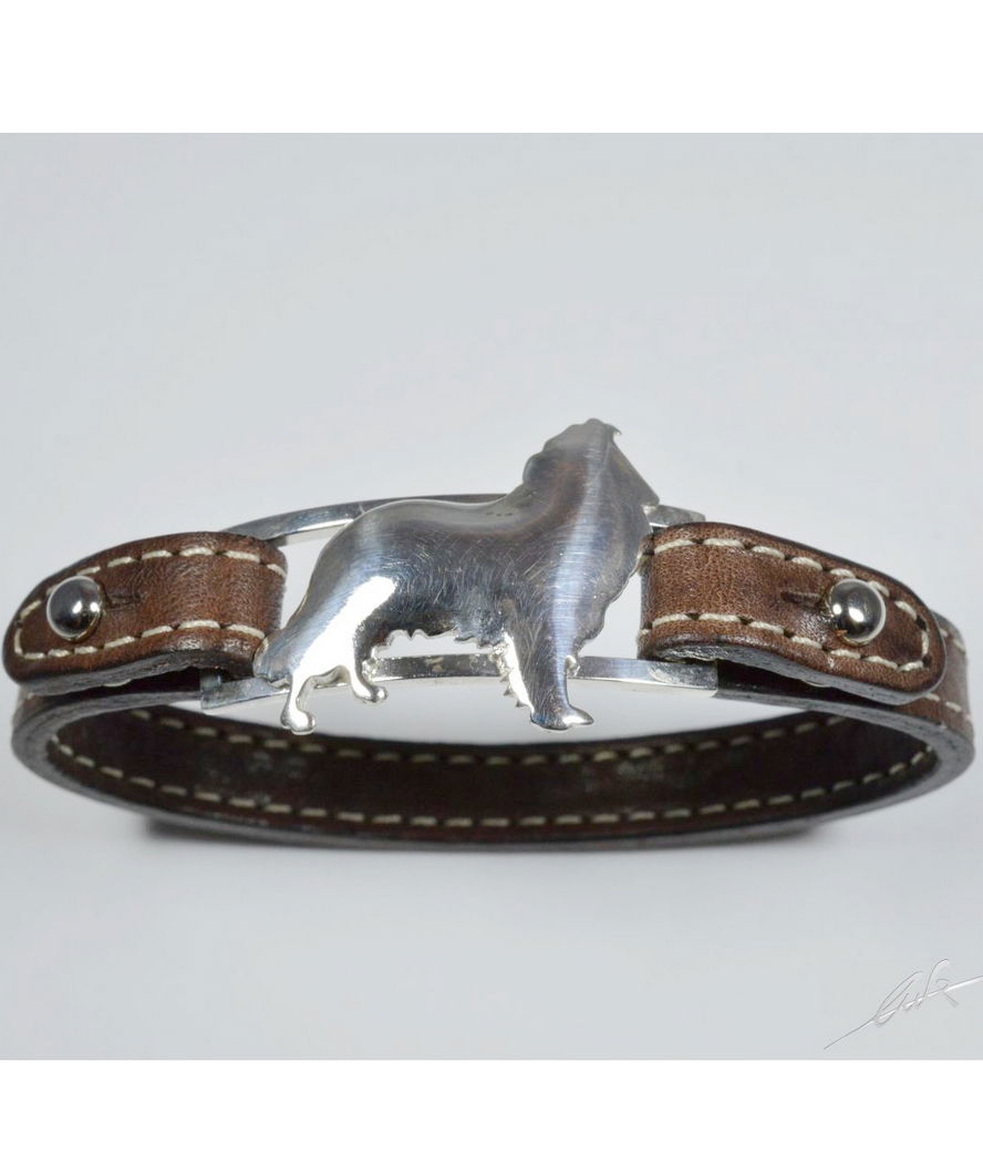 Bracciale in argento con sagoma di cane razza Collie e cinturino in vera pelle di vacchetta