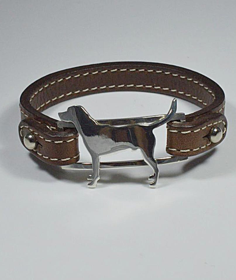 Bracciale in argento con sagoma di cane razza Labrador e cinturino in vera pelle di vacchetta