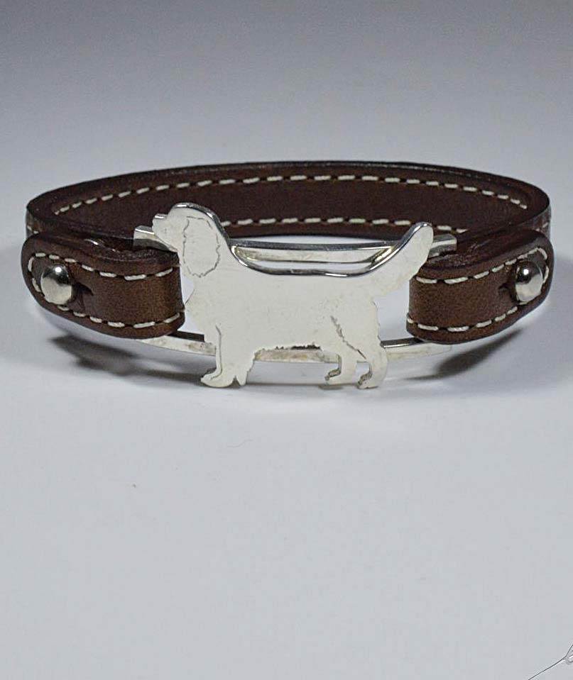 Bracciale in argento con sagoma di cane razza Cavalier King e cinturino in vera pelle di vacchetta