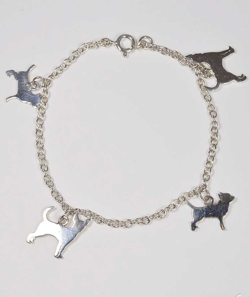 Bracciale a catena rolò in argento, con sagome pendenti di cane razza Chihuahua