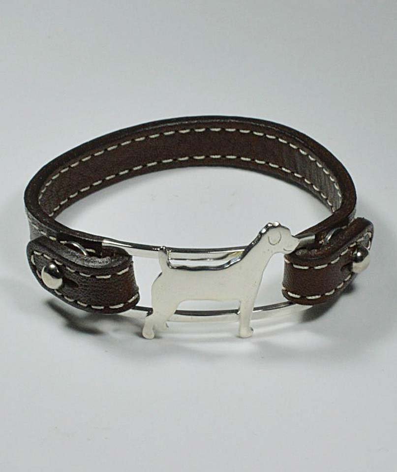 Bracciale in argento con sagoma di cane razza Jack Russel e cinturino in vera pelle di vacchetta